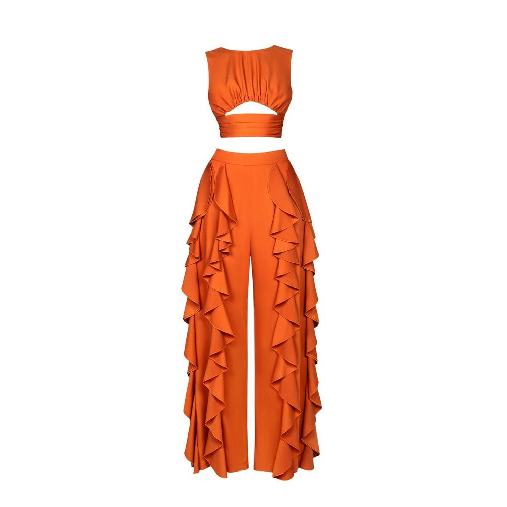 BFYNE | Women | Dara Cascade Ruffle Orange Sleeveless Cropped Top Pant Set | S-M - Picture 15 of 15